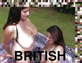 Big tits British babes Kerry and Mel in the garden