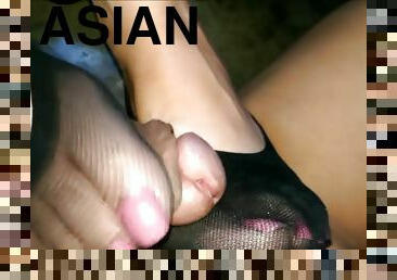 Asian Footjob. Pink Toes in Nylon