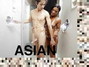 Cumshocking My GF - Interracial after shower with Asian guy and wet shaved ebony babe Sommer Isabella