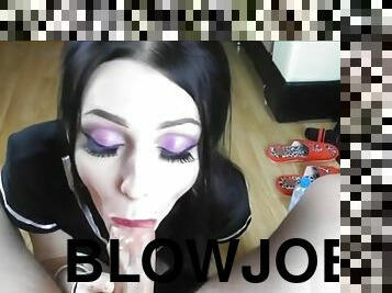 OTT makeup bimbo riding dildo while giving blowjob