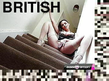 British brunette MILF Zara Mae sneaks a feel on the stairs