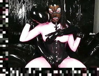 Sex with pink latex catsuit rubberdoll