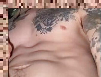 Close up of jerking off and dirty talk of hot tattooed guy
