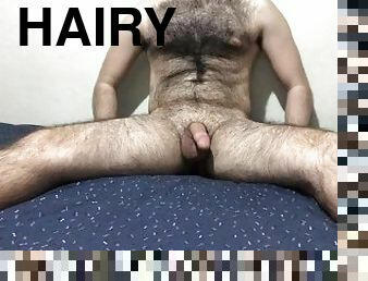 Very hairy man solo male big cum on the bed and cut dick