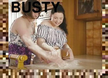 Busty hairy lesbian Luci Q and curvy cutie Astrid Love fuck in the kitchen