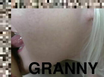 Granny in bdsm threesome sucks cock