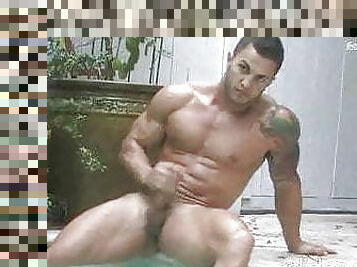 Hot big muscled Diego pool side jerk off and cum