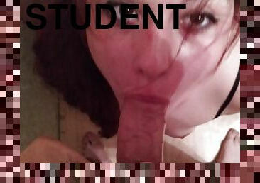 Redhead student swallows cock and gets cum on face and mouth.