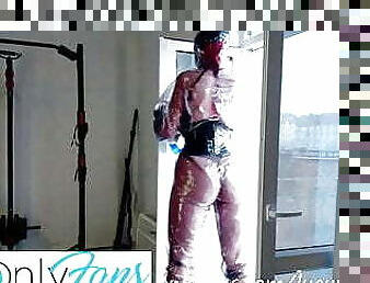 Time to wash my windows! In PVC catsuit and latex gloves!