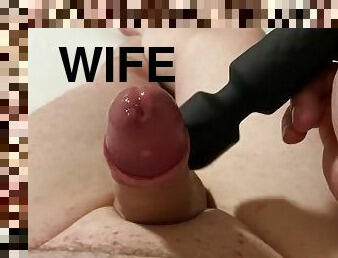Teasing my cock with the wife’s wand. Cum so hard you can hear it.