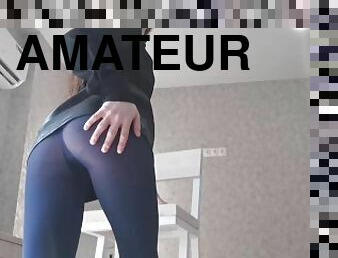 Blue tight pantyhose fit a wet pussy