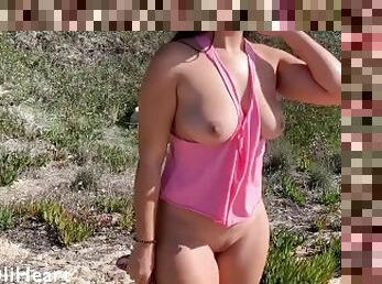 gros-nichons, mamelons, public, femme, cam, plage, voyeur, butin, exhibitionniste, brunette