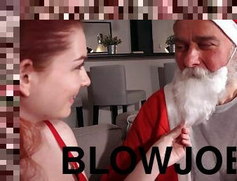 Old Santa has sex with petite teen and fucks her mouth