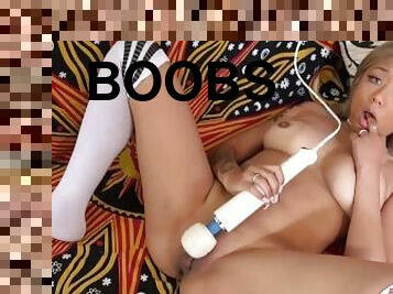 Horny Gia Dibella with her huge tits and socks on uses a Hitachi Magic Wand to get off