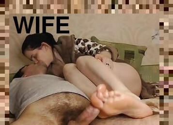 Hot wife Anna gives blowjob and footjob for her submissive husband