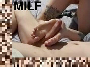 Sexy Tattooed MILF Gives Her Landlord A Footjob- UP CLOSE ENDING!