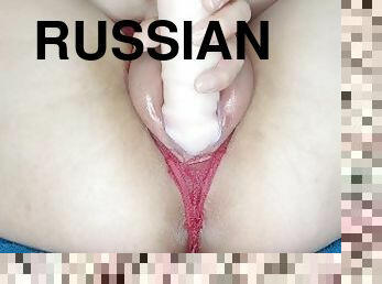 Russian MILF masturbates her pussy inflated with a pump