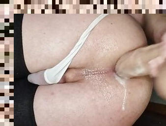 gigantisk, anal, creampie, strumpor, trosor, dildo