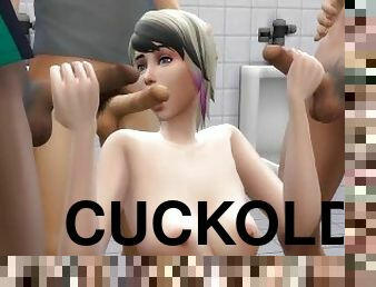 Cuckold Watches Wife Blowbang Strangers in a Public Toilet - DDSims
