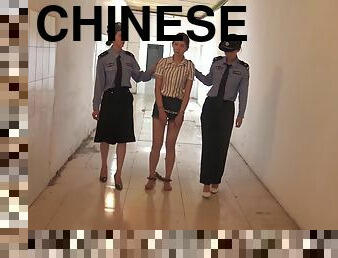 asiatiche, lesbiche, trio, piedi, feticci, cinesi, umiliazione, uniformi, prigione-prison, brunette