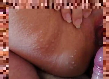 Closeup of Jen Peeing on Johns Cock