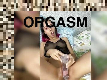 Fingering and dildo fucking my shaved pussy with real orgasm in black bodysuit