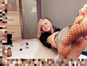 Student dominates her teacher mr.Brand by her feet in fishnets, humiliating and laughing at him POV
