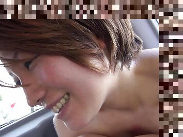 Short hair beautiful Japanese amateur outdoor oral and sweaty car sex