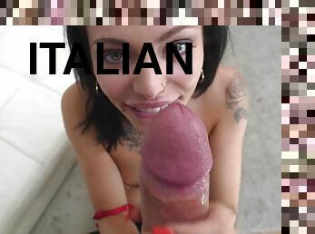 Clara Mia takes cum on her face after servicing big Italian cock