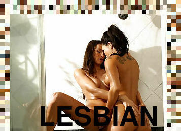 Sweet Asa Akira and Celeste Star have lesbian shower sex
