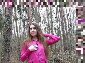 Elle Rose sucking stranger's dick and fucking in the woods for money