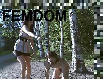 Femdom slave boy pet play outdoors