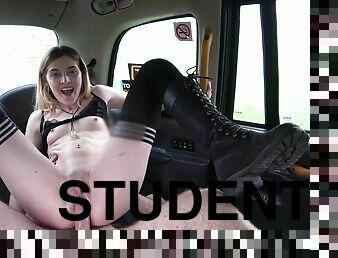 Blonde student gets rewarded with orgasm in a taxi