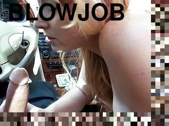 A blonde gives nice road blowjob and takes cash for a fuck in the back seat