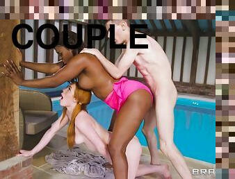 White couple plays with their chocolate bisexual friend