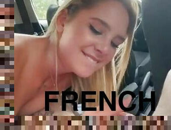 UNKNOWN YOUNG FRENCH BLONDE WITH SNAKE TATTOO ON HER BREAST AND NATURAL TITS topless+black gray pants+car