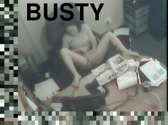 Busty office solo slut masturbates