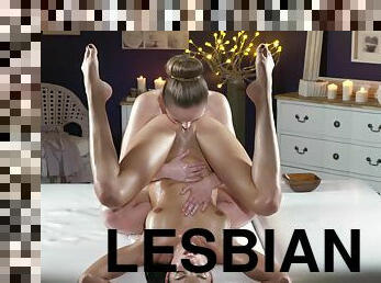 Lesbian babes make girl-on-girl sex in front of the camera