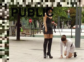 Slave gets piss and load in public bar