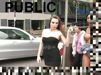 Large-Breasted naked whore handcuffed in public