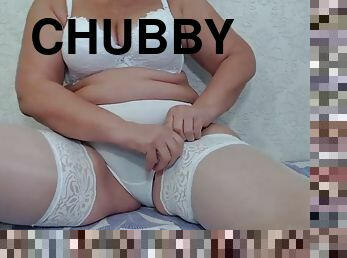 Chubby mom in white stockings