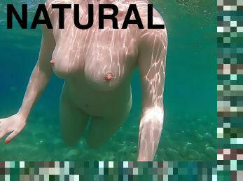Ginger Gal with Big Natural Tits and Perfect Body Swimming Naked in Sea