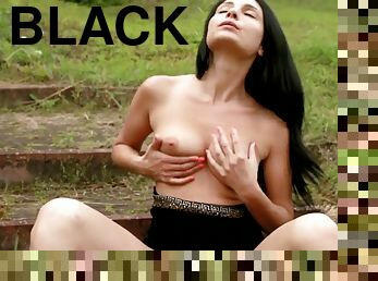 Black haired MILF Kat mastubates outdoors See her wet pussy