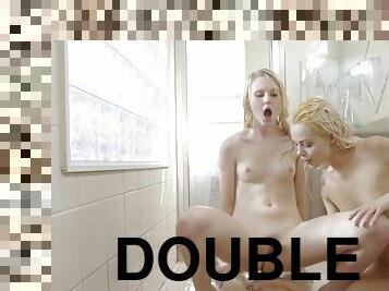 FFM shower threeway fuck with two cute lustful blonde chicks