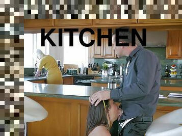 Slutty Step-Daughter Blows Big Dick In The Kitchen