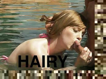Pale teen with hairy pussy gets side fucked at the pool side