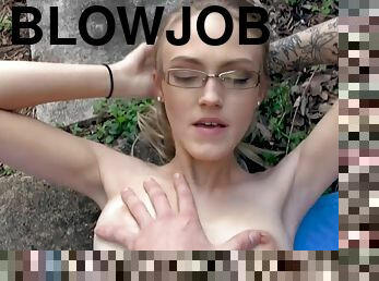 Slutty Heather Hamilton gives a blowjob in the park