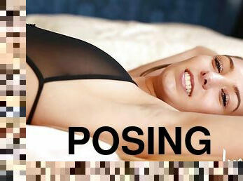 storatuttar, brudar, tonåring, blond, underkläder, ensam, glamour, posering, retande