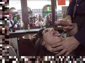 Dark Hair gets facial in public bar