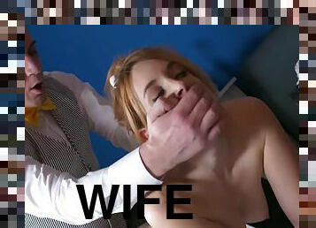 Wife tries to keep her mouth shut so that her sleeping husband wouldn't wake up
